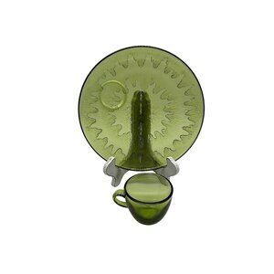 Vintage Sunburst Green by Indiana Glass Snack Plate & Cup Set Textured USA MCM